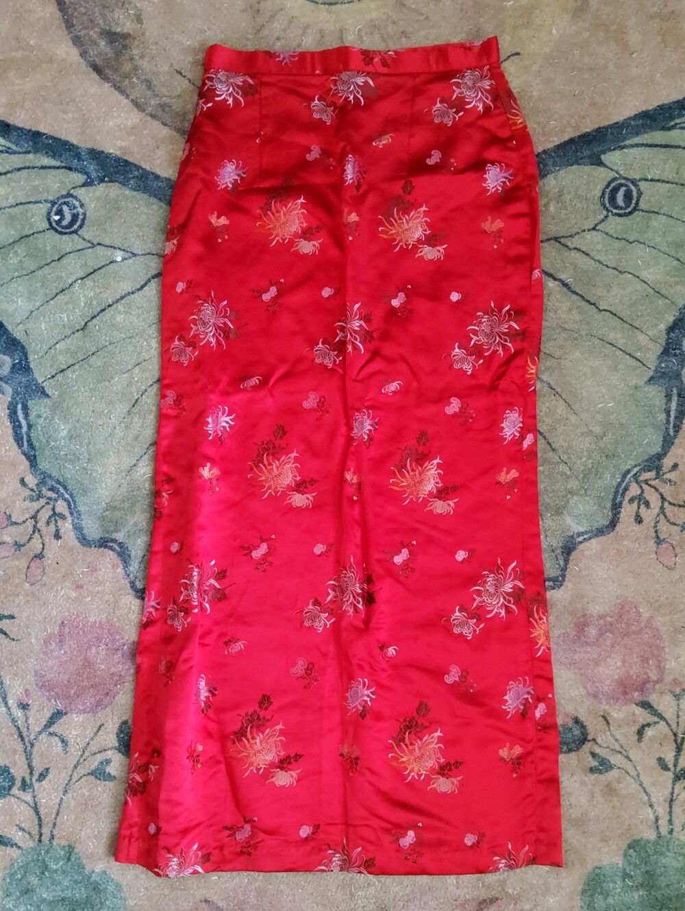 Vintage 1980s Peony Rayon Brocade Floral Satin Maxi Skirt